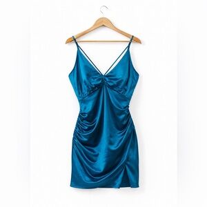 NWOT - Satin Mini Dress Large Teal Blue Ruched Slip Dress Strappy Back